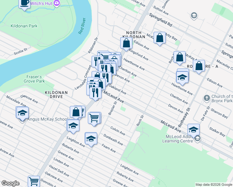 map of restaurants, bars, coffee shops, grocery stores, and more near 220 Oakland Avenue in Winnipeg