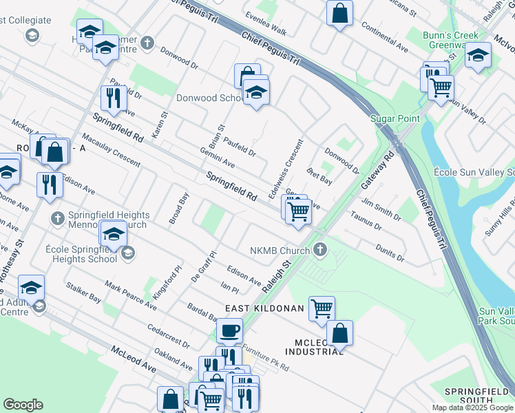 map of restaurants, bars, coffee shops, grocery stores, and more near 602 Springfield Road in Winnipeg