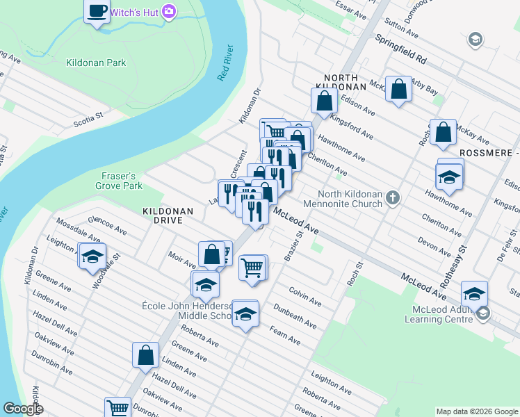 map of restaurants, bars, coffee shops, grocery stores, and more near 1070 Henderson Highway in Winnipeg