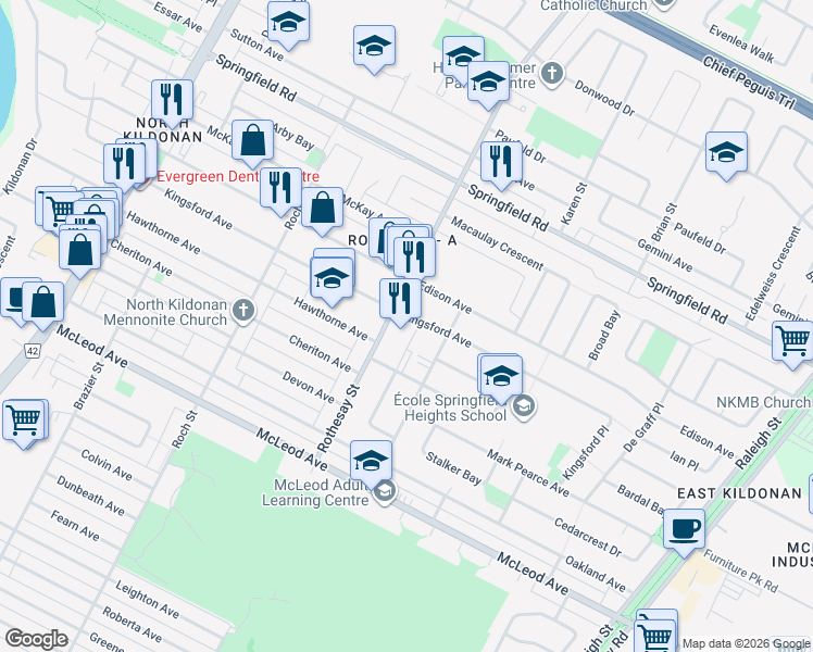 map of restaurants, bars, coffee shops, grocery stores, and more near 1195 Rothesay Street in Winnipeg