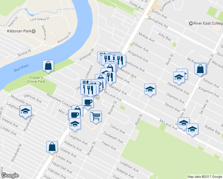 map of restaurants, bars, coffee shops, grocery stores, and more near in Winnipeg