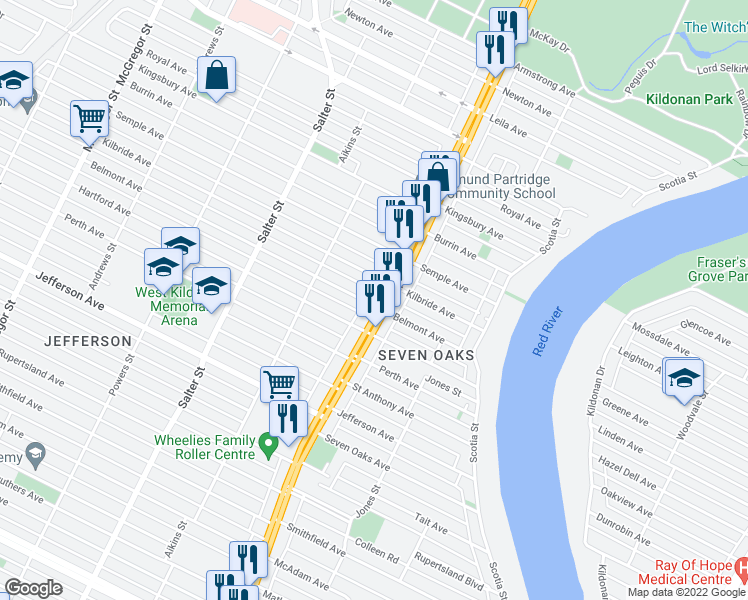 map of restaurants, bars, coffee shops, grocery stores, and more near 1765 Route 52 in Winnipeg