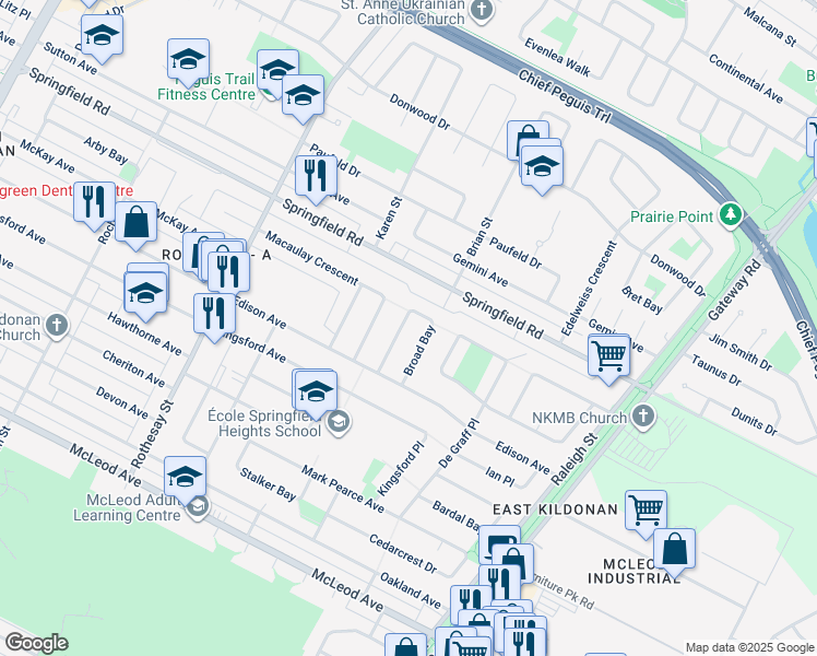 map of restaurants, bars, coffee shops, grocery stores, and more near 133 Broad Bay in Winnipeg