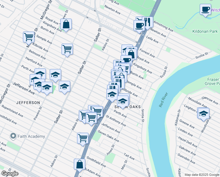 map of restaurants, bars, coffee shops, grocery stores, and more near 211 Belmont Avenue in Winnipeg
