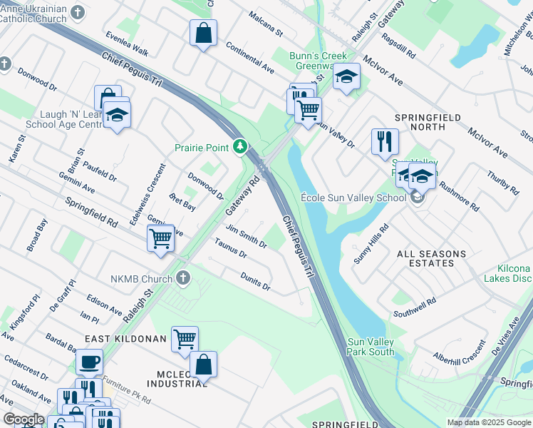 map of restaurants, bars, coffee shops, grocery stores, and more near 40 Harold Piercy Place in Winnipeg