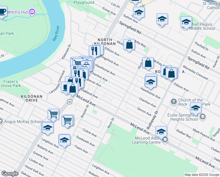 map of restaurants, bars, coffee shops, grocery stores, and more near 254 Cheriton Avenue in Winnipeg
