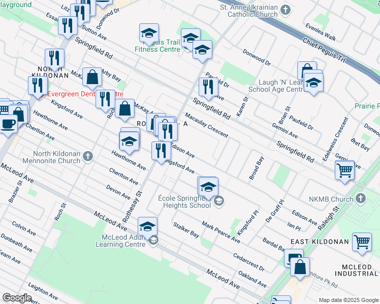 map of restaurants, bars, coffee shops, grocery stores, and more near 441 Edison Avenue in Winnipeg