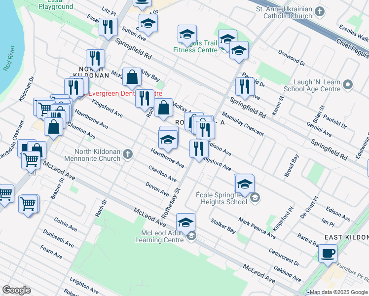 map of restaurants, bars, coffee shops, grocery stores, and more near Kingsford Avenue in Winnipeg
