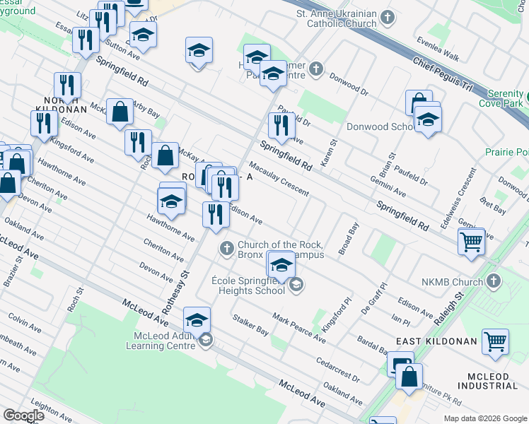map of restaurants, bars, coffee shops, grocery stores, and more near 441 Edison Avenue in Winnipeg