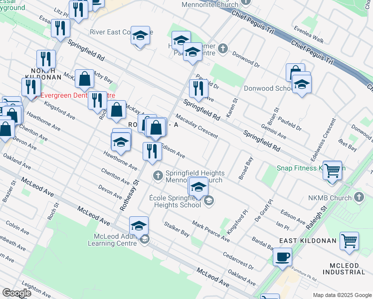map of restaurants, bars, coffee shops, grocery stores, and more near 441 Edison Avenue in Winnipeg