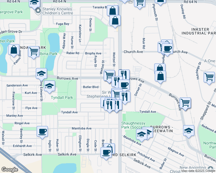 map of restaurants, bars, coffee shops, grocery stores, and more near 850 Keewatin Street in Winnipeg
