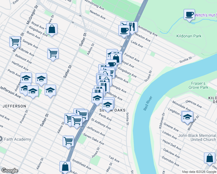 map of restaurants, bars, coffee shops, grocery stores, and more near 1821 Main Street in Winnipeg