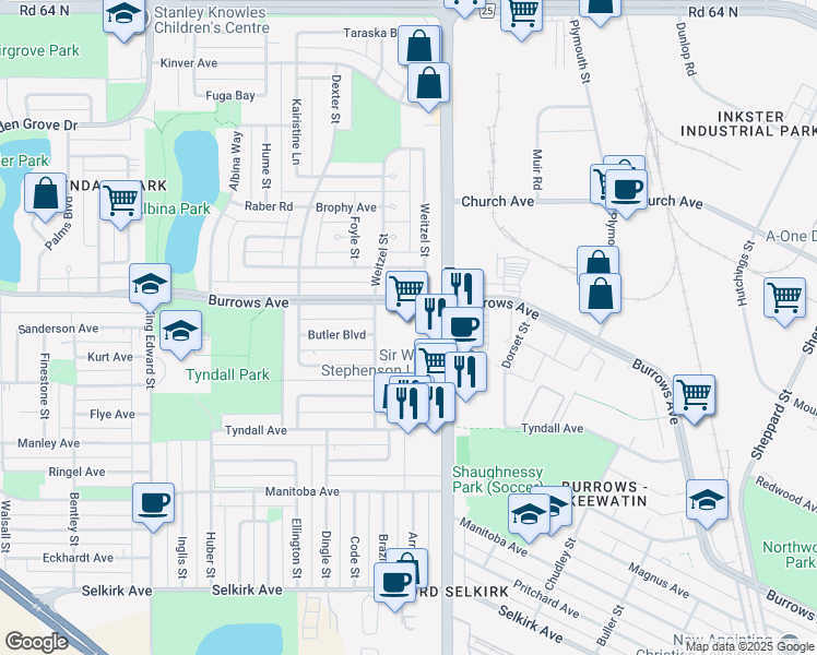 map of restaurants, bars, coffee shops, grocery stores, and more near 850 Keewatin Street in Winnipeg