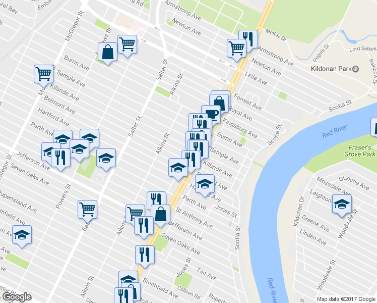 map of restaurants, bars, coffee shops, grocery stores, and more near 211 Kilbride Avenue in Winnipeg