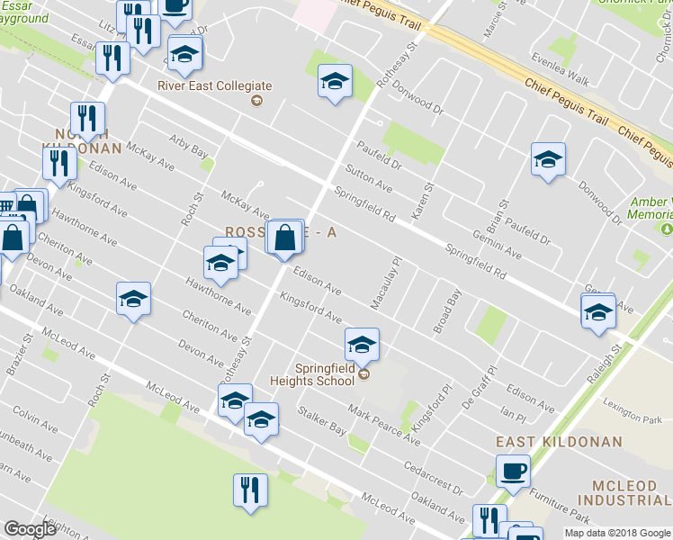 map of restaurants, bars, coffee shops, grocery stores, and more near 441 Edison Avenue in Winnipeg