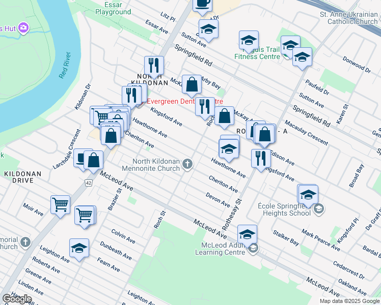 map of restaurants, bars, coffee shops, grocery stores, and more near 300 Hawthorne Avenue in Winnipeg