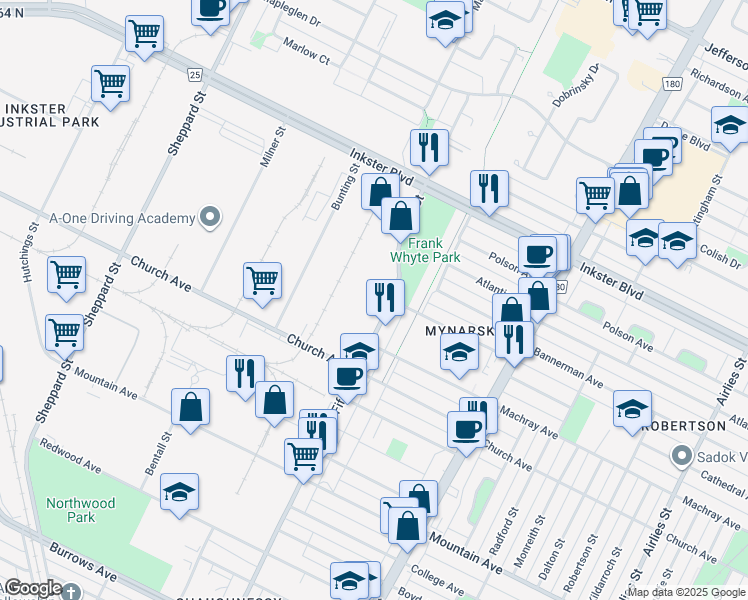 map of restaurants, bars, coffee shops, grocery stores, and more near 1200 Fife Street in Winnipeg