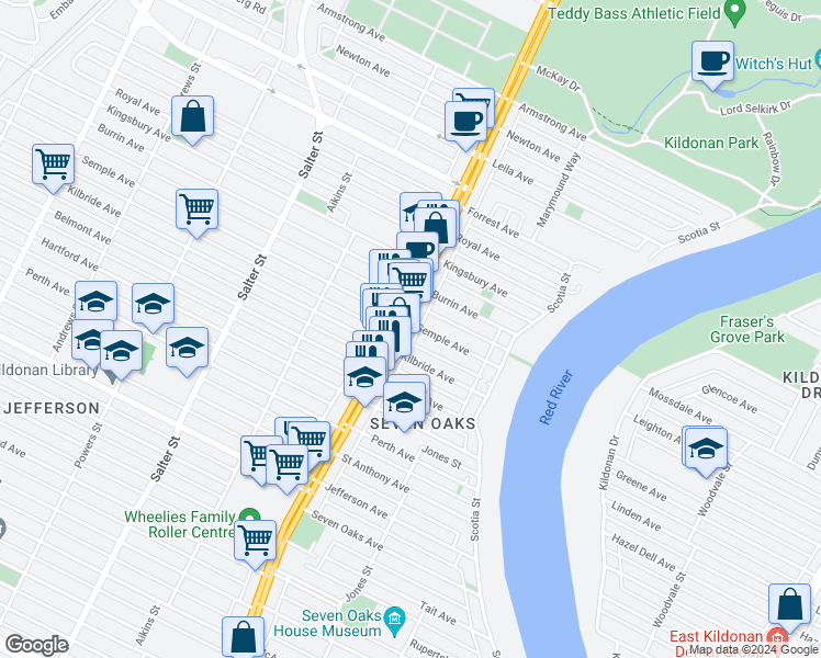 map of restaurants, bars, coffee shops, grocery stores, and more near 1821 Main Street in Winnipeg