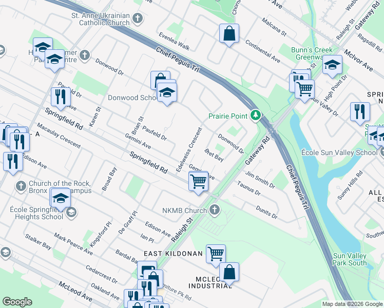 map of restaurants, bars, coffee shops, grocery stores, and more near 329 Edelweiss Crescent in Winnipeg