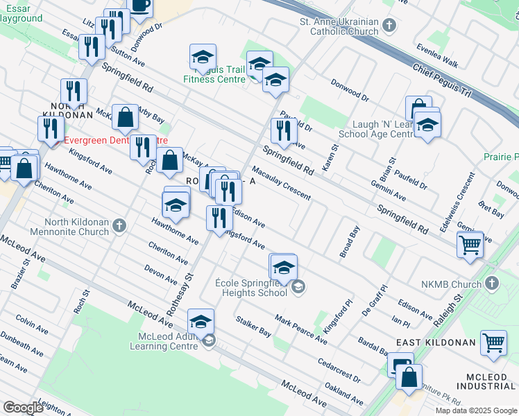 map of restaurants, bars, coffee shops, grocery stores, and more near 441 Edison Avenue in Winnipeg