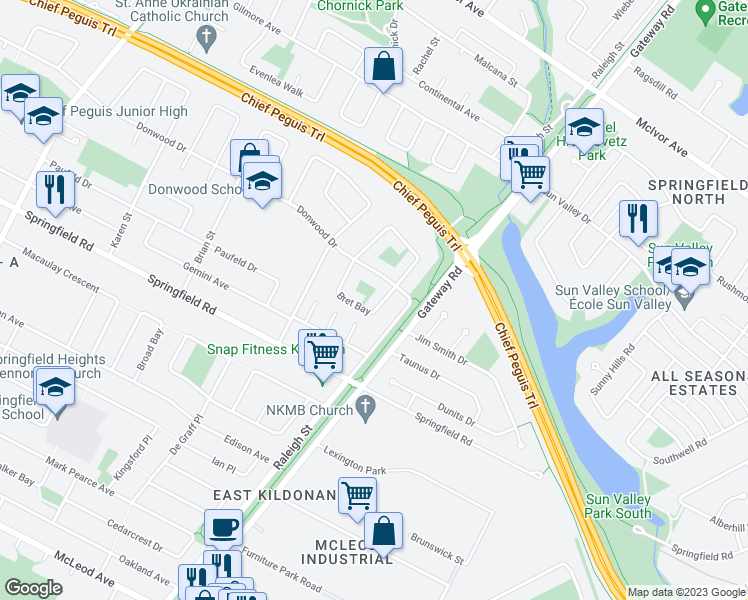 map of restaurants, bars, coffee shops, grocery stores, and more near 23 Bret Bay in Winnipeg