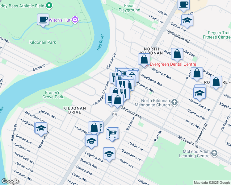 map of restaurants, bars, coffee shops, grocery stores, and more near 1100 Henderson Highway in Winnipeg