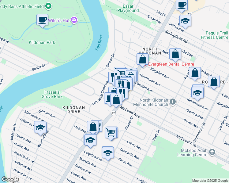 map of restaurants, bars, coffee shops, grocery stores, and more near 1110 Henderson Highway in Winnipeg