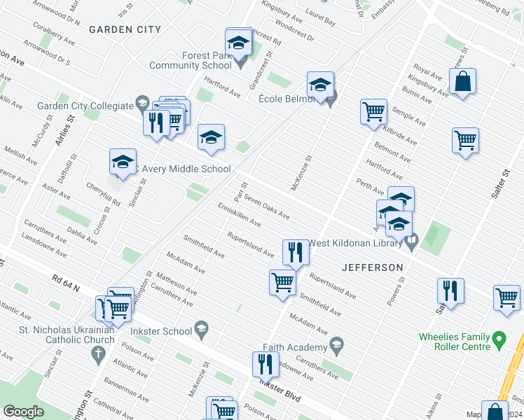 map of restaurants, bars, coffee shops, grocery stores, and more near 542 Seven Oaks Avenue in Winnipeg