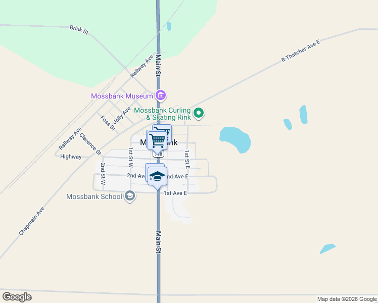 map of restaurants, bars, coffee shops, grocery stores, and more near 203 3rd Avenue East in Mossbank
