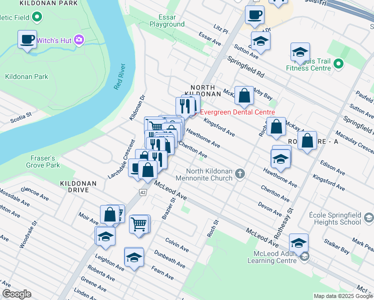map of restaurants, bars, coffee shops, grocery stores, and more near 222 Cheriton Avenue in Winnipeg