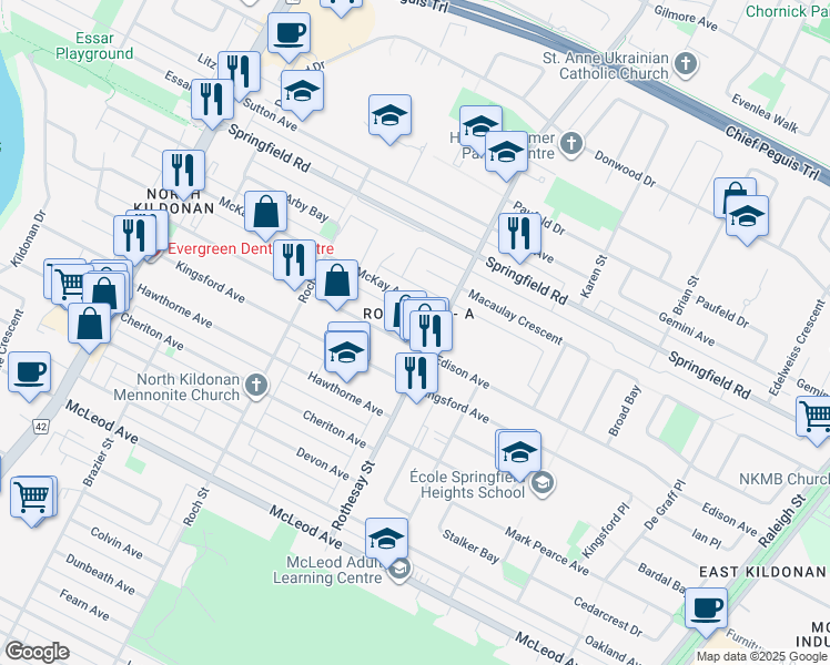 map of restaurants, bars, coffee shops, grocery stores, and more near 400 Edison Avenue in Winnipeg