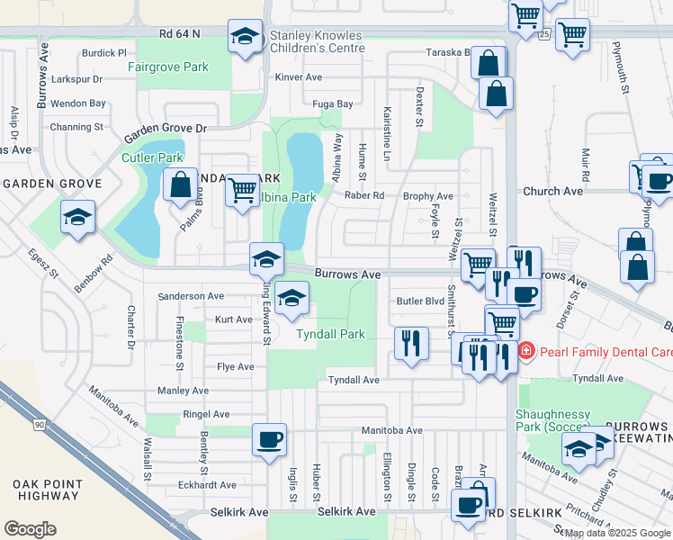 map of restaurants, bars, coffee shops, grocery stores, and more near 2123 Burrows Avenue in Winnipeg