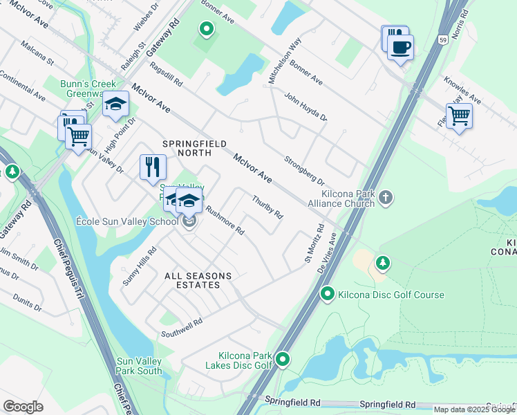 map of restaurants, bars, coffee shops, grocery stores, and more near 86 Thurlby Road in Winnipeg