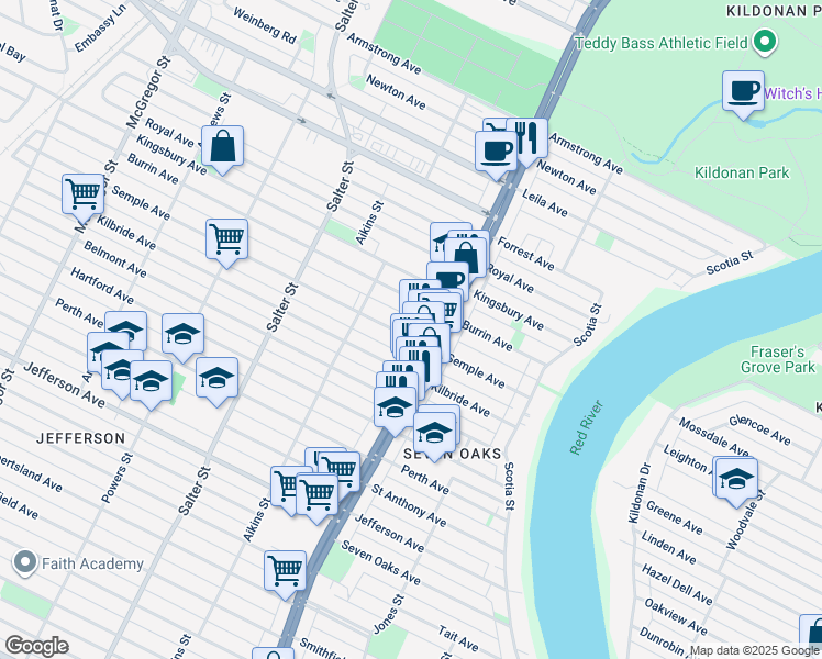 map of restaurants, bars, coffee shops, grocery stores, and more near 211 Kilbride Avenue in Winnipeg
