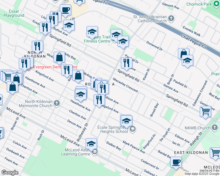 map of restaurants, bars, coffee shops, grocery stores, and more near 415 Edison Avenue in Winnipeg