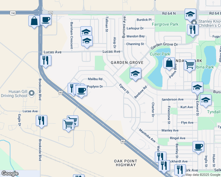 map of restaurants, bars, coffee shops, grocery stores, and more near 27 Poplynn Drive in Winnipeg