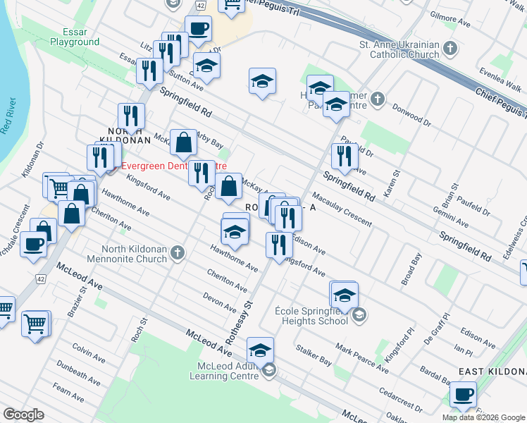 map of restaurants, bars, coffee shops, grocery stores, and more near 344 McKay Avenue in Winnipeg