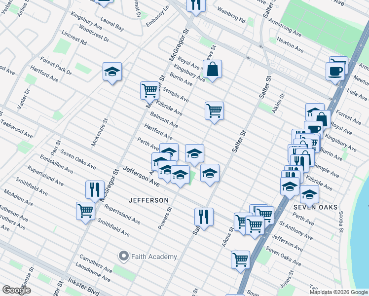 map of restaurants, bars, coffee shops, grocery stores, and more near 378 Belmont Avenue in Winnipeg
