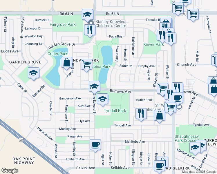 map of restaurants, bars, coffee shops, grocery stores, and more near 34 Albina Way in Winnipeg