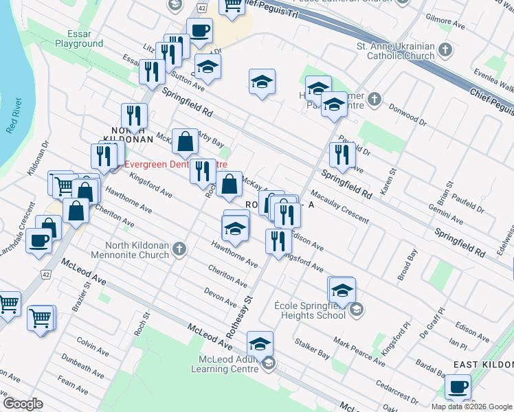 map of restaurants, bars, coffee shops, grocery stores, and more near 344 McKay Avenue in Winnipeg