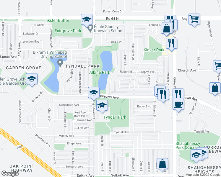 map of restaurants, bars, coffee shops, grocery stores, and more near 34 Albina Way in Winnipeg
