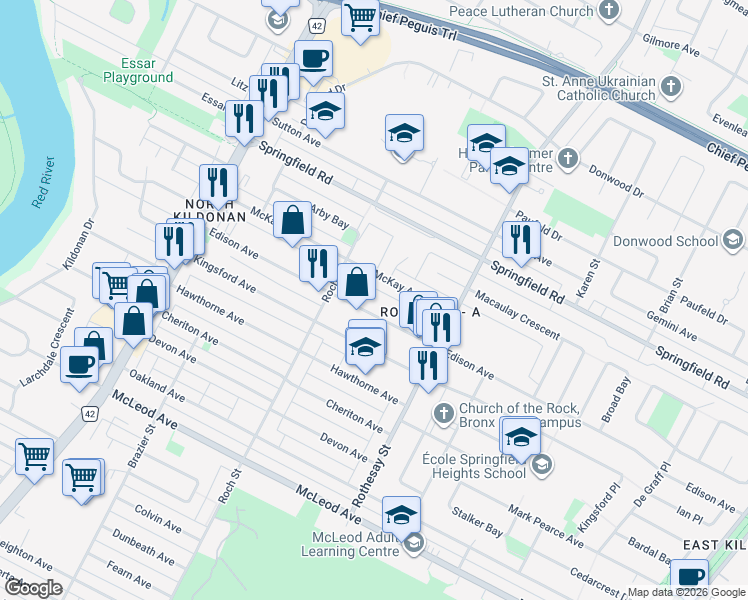 map of restaurants, bars, coffee shops, grocery stores, and more near 333 Edison Avenue in Winnipeg