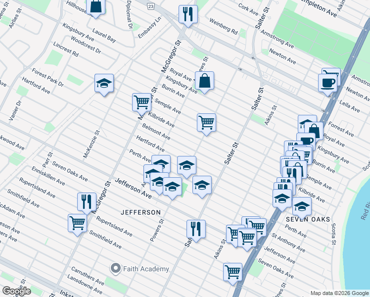 map of restaurants, bars, coffee shops, grocery stores, and more near 378 Belmont Avenue in Winnipeg