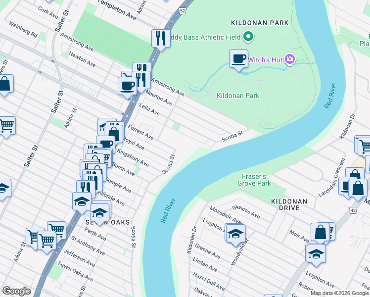 map of restaurants, bars, coffee shops, grocery stores, and more near 442 Scotia Street in Winnipeg