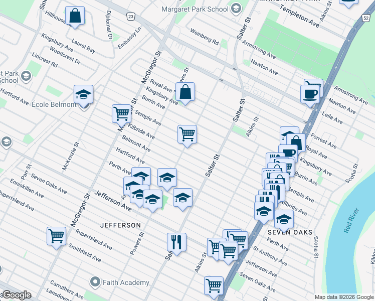 map of restaurants, bars, coffee shops, grocery stores, and more near 353 Kilbride Avenue in Winnipeg