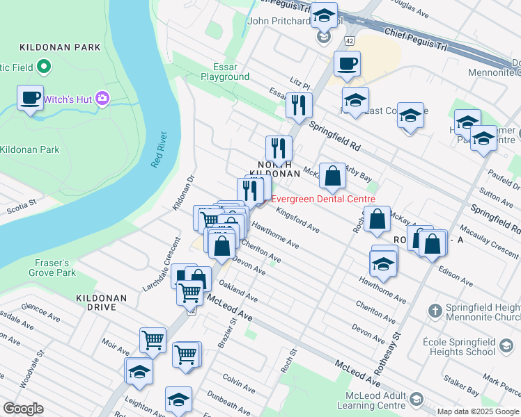map of restaurants, bars, coffee shops, grocery stores, and more near 1240 Route 42 in Winnipeg