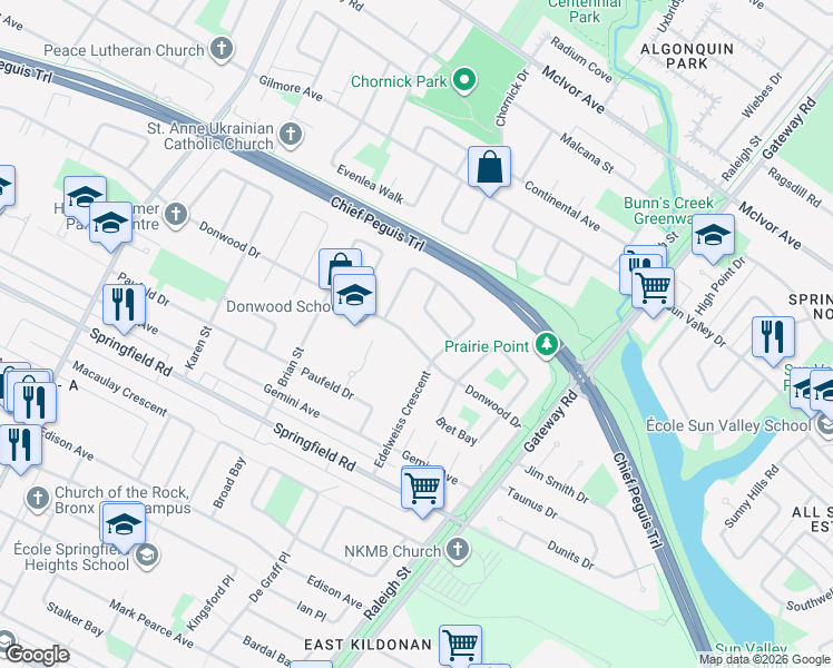 map of restaurants, bars, coffee shops, grocery stores, and more near 451 Donwood Drive in Winnipeg