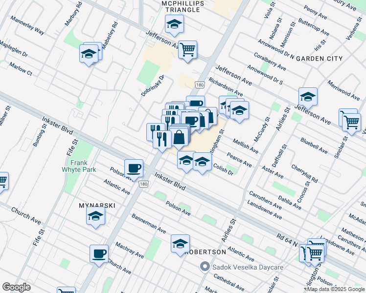 map of restaurants, bars, coffee shops, grocery stores, and more near 1375 McPhillips Street in Winnipeg