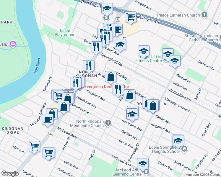 map of restaurants, bars, coffee shops, grocery stores, and more near 252 McKay Avenue in Winnipeg
