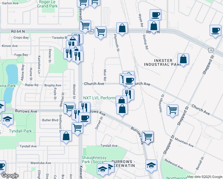 map of restaurants, bars, coffee shops, grocery stores, and more near 1676 Church Avenue in Winnipeg